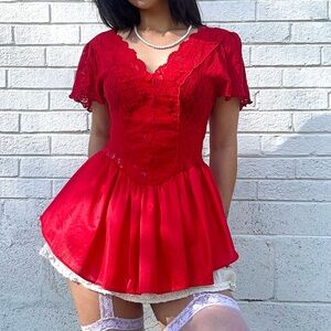 Vintage 90s Red Lace Babydoll Lingerie Top USA Made Fits M